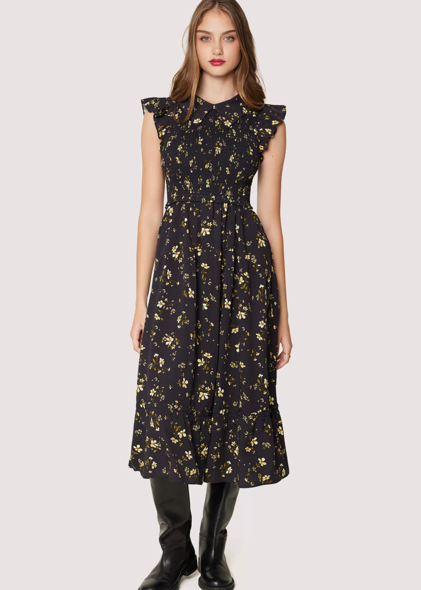 Lost + Wander Dresses*Champagne Daisy Midi Dress BLACK-YELLOW-FLORAL