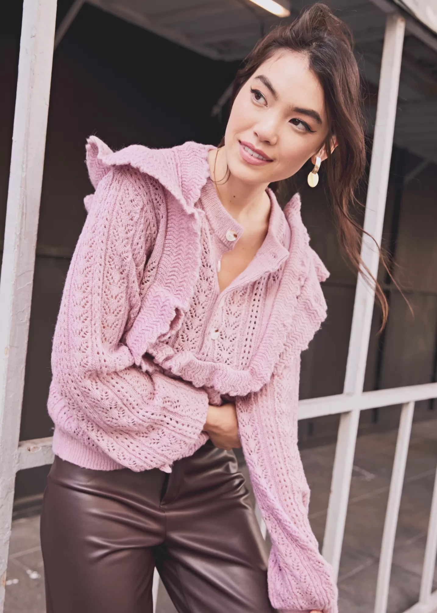 Lost + Wander Sweaters*Maddy Ruffle Polo Top DUSTY-MAUVE