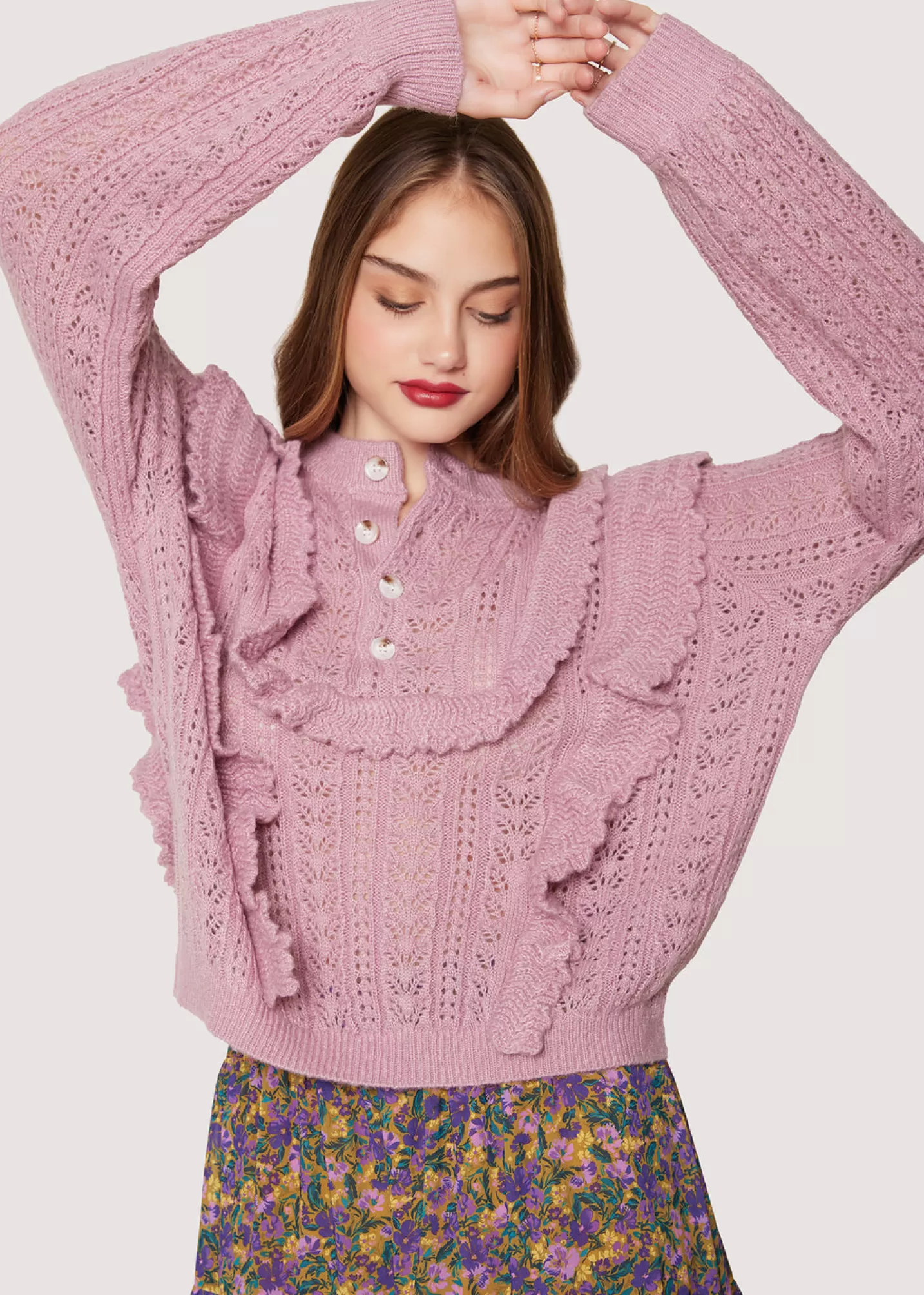 Lost + Wander Sweaters*Maddy Ruffle Polo Top DUSTY-MAUVE