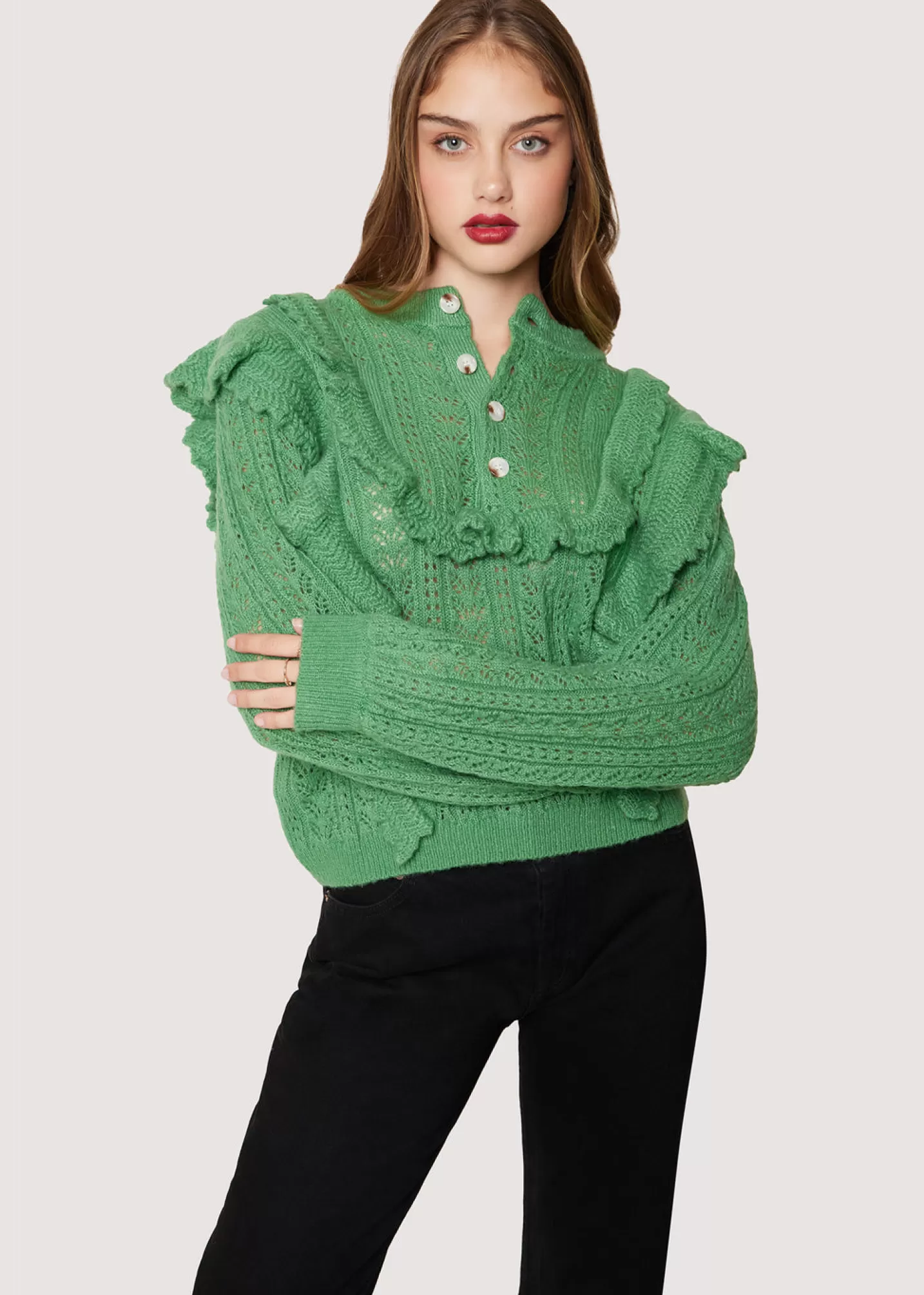 Lost + Wander Sweaters*Maddy Ruffle Polo Top SAGE-GREEN