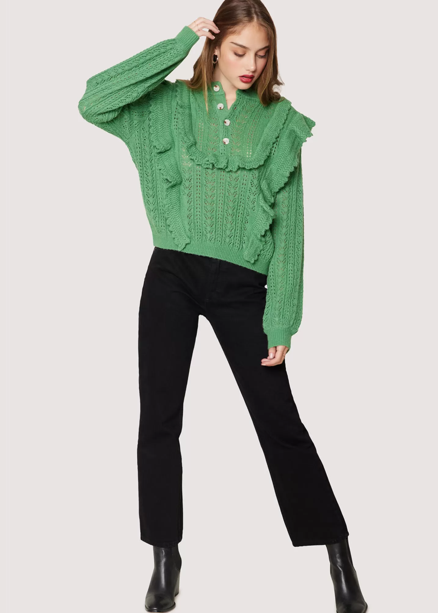 Lost + Wander Sweaters*Maddy Ruffle Polo Top SAGE-GREEN