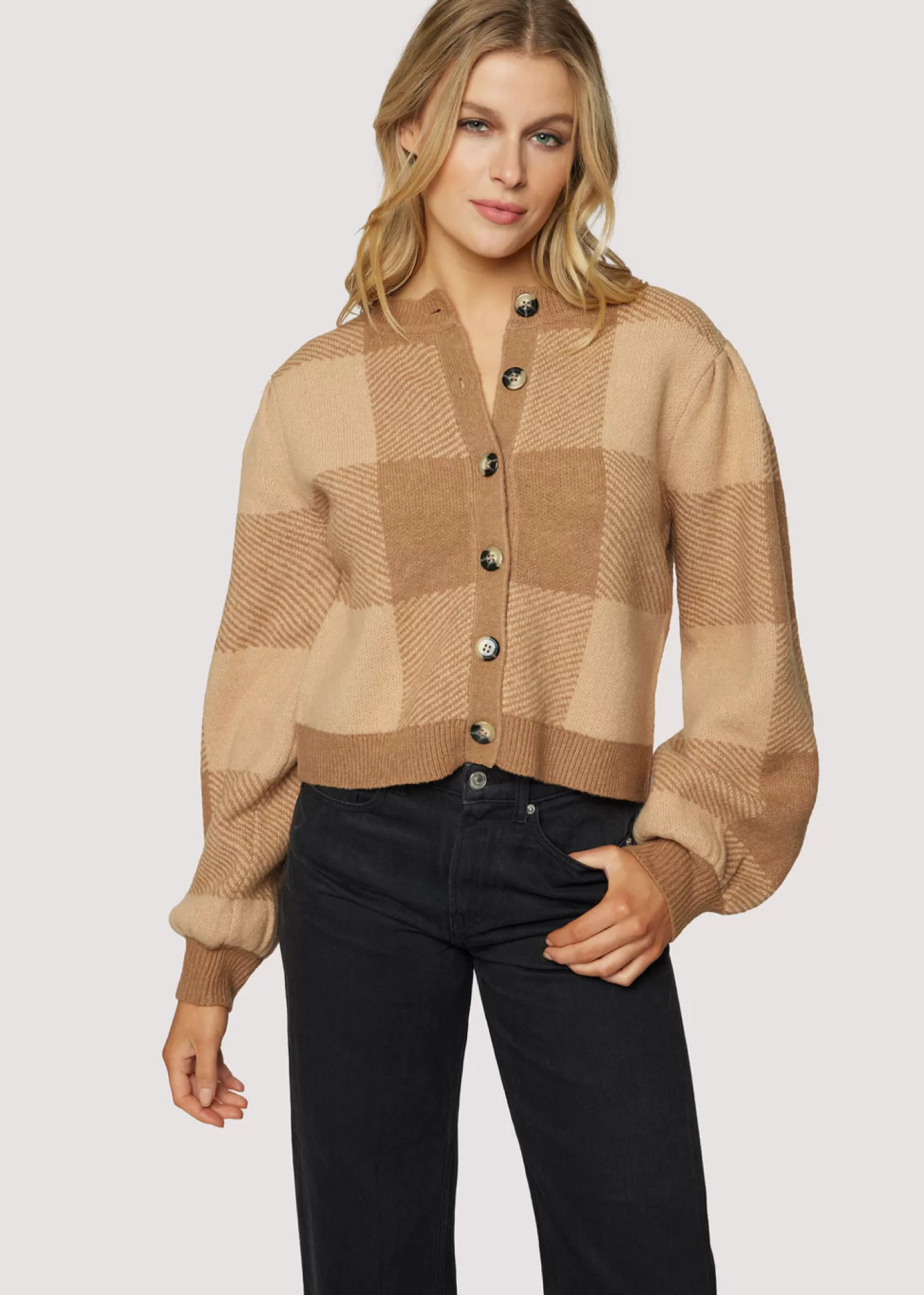 Lost + Wander Sweaters*Nature School Cardigan CAMEL-GINGHAM