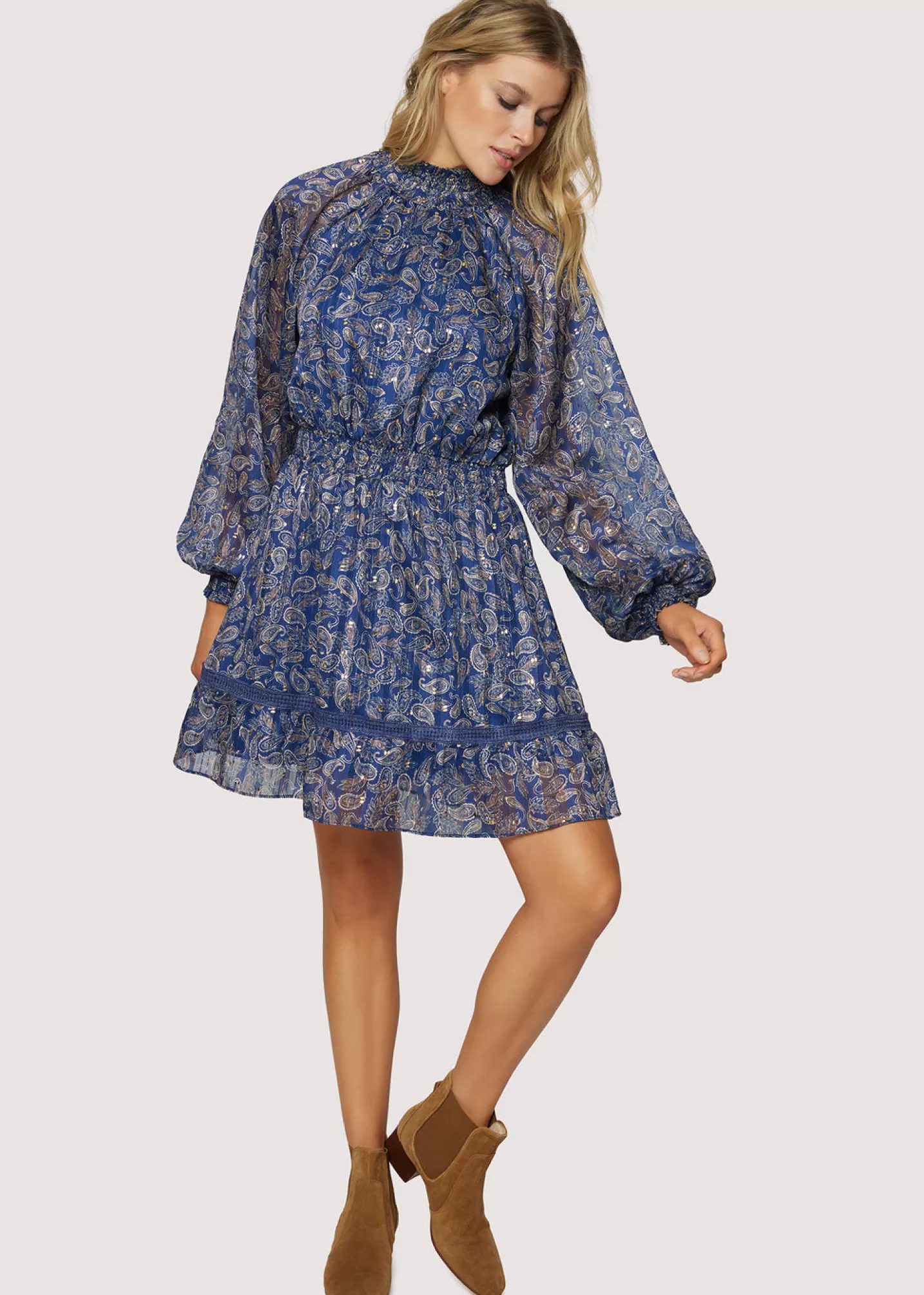 Lost + Wander Dresses*Wish Upon Mini Dress NAVY GOLD PAISLEY